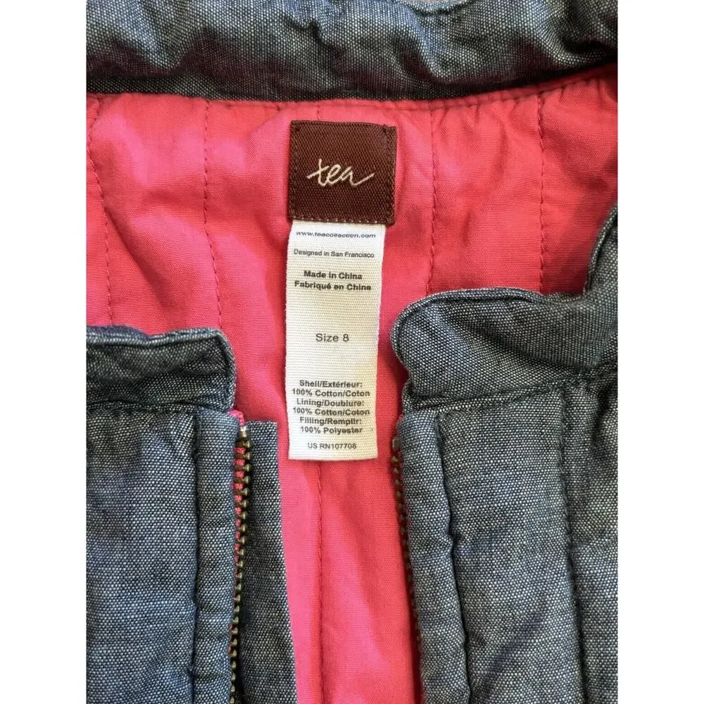 Tea Collection Chambray Blue Lightweight Puffer Vest Ruffle Detail Girls Size 8